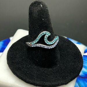Blue Rhinestone Wave Fashion Ring silver tone #K37 size 8.25  8